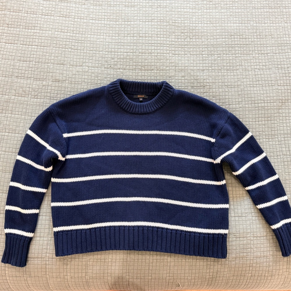Quince 100% Organic Cotton Striped Crew Sweater - Navy/White XS - Picture 3 of 3